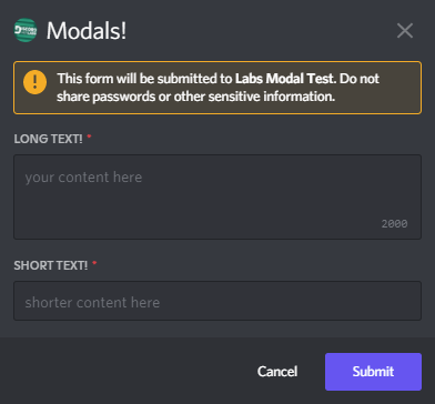 A modal with short and paragraph text inputs
